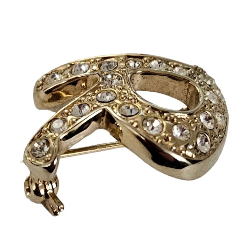 Gold Tone Clear Rhinestone Letter R Brooch Pin L141 - Picture 4 of 8